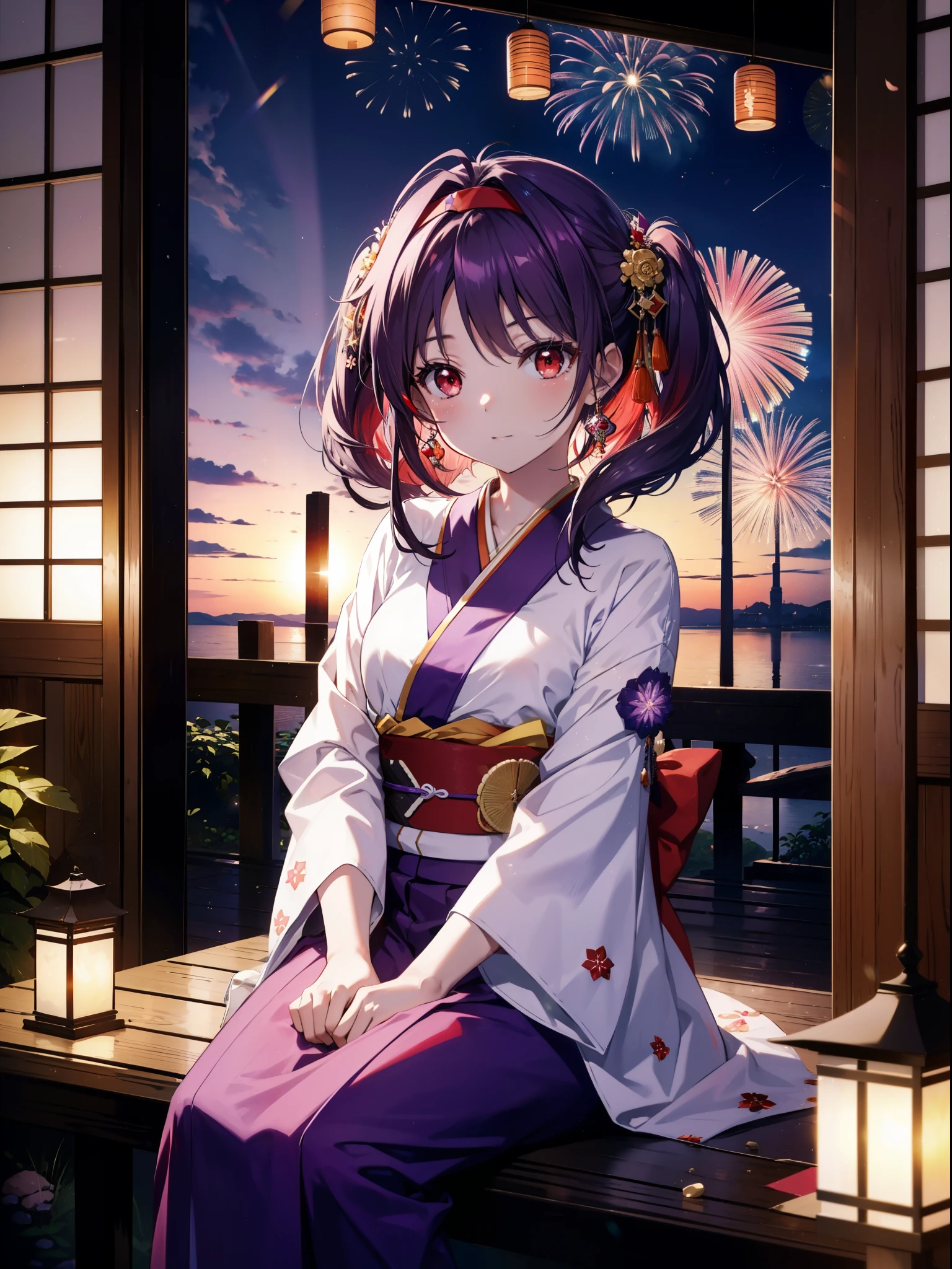 yuukikonno, Yuuki Konno, hair band, Long Hair, Pointed Ears, Purple Hair, Ahoge,(Red eyes:1.5), (Small breasts:1.2),low twin tail,smile,blush,Open your mouth,Purple Kimono,Purple long skirt,Fireworks in the night sky,Fireworks,The place is a fireworks display,Time is night,sunny day,Sitting on a bench,A triangular piece of red watermelon is placed on a plate on a bench.,Wind Chimes,whole bodyがイラストに入るよう,
break looking at viewer, , whole body, (Cowboy Shot:1. 5)
break indoors, Veranda,Japanese garden,
break (masterpiece:1.2), Highest quality, High resolution, unity 8k wallpaper, (figure:0.8), (Beautiful attention to detail:1.6), Highly detailed face, Perfect lighting, Highly detailed CG, (Perfect hands, Perfect Anatomy),