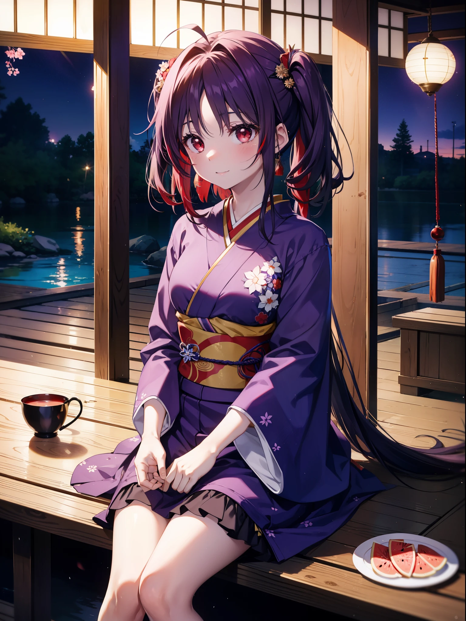 yuukikonno, Yuuki Konno, hair band, Long Hair, Pointed Ears, Purple Hair, Ahoge,(Red eyes:1.5), (Small breasts:1.2),low twin tail,smile,blush,Open your mouth,Purple Kimono,Purple long skirt,Fireworks in the night sky,Fireworks,The place is a fireworks display,Time is night,sunny day,Sitting on a bench,A triangular piece of red watermelon is placed on a plate on a bench.,Wind Chimes,whole bodyがイラストに入るよう,
break looking at viewer, , whole body, (Cowboy Shot:1. 5)
break indoors, Veranda,Japanese garden,
break (masterpiece:1.2), Highest quality, High resolution, unity 8k wallpaper, (figure:0.8), (Beautiful attention to detail:1.6), Highly detailed face, Perfect lighting, Highly detailed CG, (Perfect hands, Perfect Anatomy),