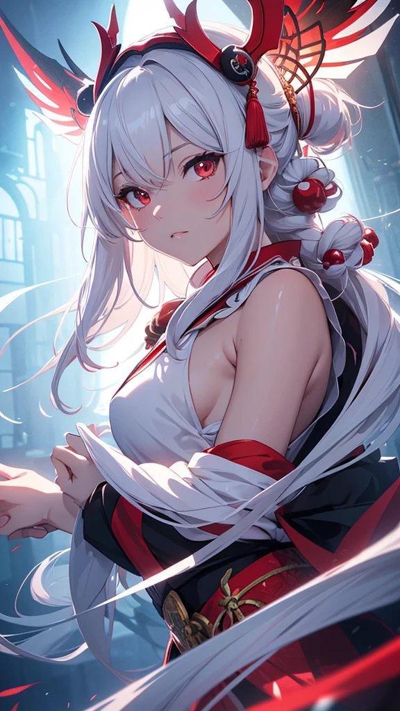 masterpiece, best quality, ultra-detailed, CG illustration, high resolution, better lighting, best shadow, extremely delicate and beautiful, appropriate shading, HD, 8k, ray tracing, hyper detailed and sharp background, perfect lights, anime style, Inspired by the game Mahokenshi: House of Ruby (Tengu, winged mountain kami, aggressive, red and white colors), strength, samuraipunk, solo, 1 woman, black hair, red eyes,  adult, obi tassel,