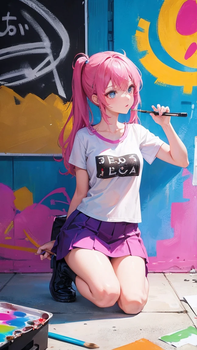beautiful girl(Art room On Canvas(Colorful graffiti)Looking at the canvas holding a paintbrush and painting a miniskirt)