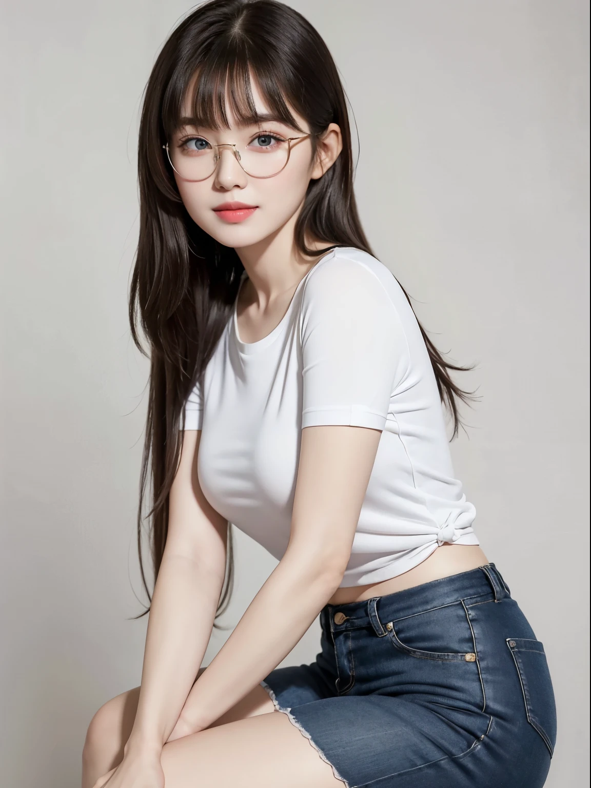 (Best quality, masterpiece, detailed), (RAW, 4k, hd images), shy, 1 girl, 17 years old, white skin, long hair, ponytail, layers hair, bangs, black hair, beautiful girl, cute girl, sweet girl, pretty girl, perfect girl, pretty eyes, blue eyes, thin lips, thin, eye line, perfect round breast, glasses(detailed frame), simple background, smile, thigh, legs, tshirt clothes, short pants, standing, side angle capture, half body, side breast