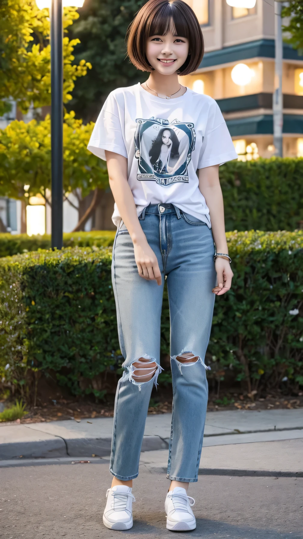 Woman wearing a t-shirt, white jeans and sneakers。Full body photo、Are standing、Short Haircut、smile、Background is a park at night。.