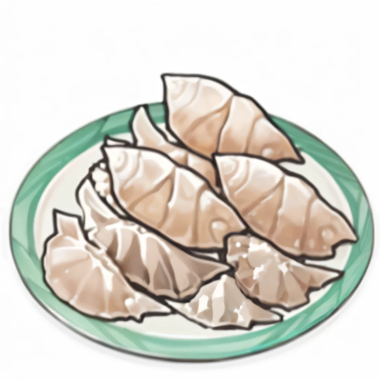 there is a plate of Dumplings on a plate with a blue border, Dumplings on a plate, Otsutsuki Momoshiki, abalone, delicious, isopods, Roasted artichokes, Destroyed, cooked, Prepare to eat, Shogakukan, Potato, treasure bowl, spiky shell, eat, tundra, 小eat, Crab, Guande