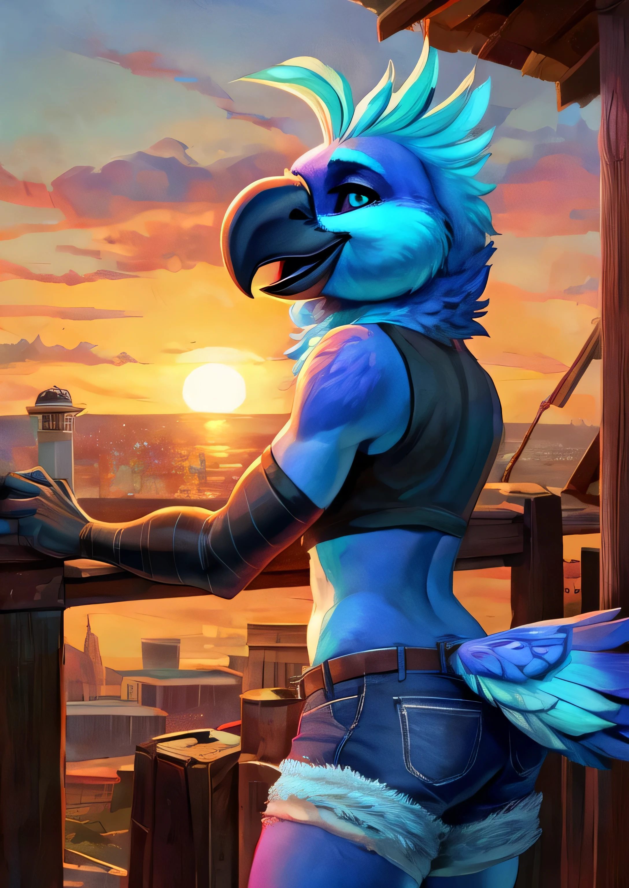 solo male Coby, (((solo))), ((realistic)), cockatiel, anthro, furry, avian, ((clear cyan eyes)), black sclera, long cyan feather mohawk, black beak, blue body with cyan accents, bird feather tail, black bird arms, cyan claws, ((cyan glitter dots on hips)), neck tuft, (bulge,) crotch tuft, ((half-length portrait)), BREAK, (detailed Colin Campbell Cooper blue bird), (feminine, curvy), (((slim))), (skinny), twink, gay, ass, (detailed Bonifasko lighting), (chibi:1.2), (detailed skin), BREAK, (dynamic pose, seductive pose:1.3), (outdoors, ghetto basket ball court at sunset) ((denim shorts, crop top, sneakers, backwards cap, arm warmers)), (cinematic lighting), ((detailed background)), (((three-quarter view))), (half body shadow), (happy, wide eyes, cute), (ass focus), [backlighting], [crepuscular ray], [detailed ambient light], [gray natural lighting], [ambient light on the belly], [higher feather detail], [fluffy feather texture], [realistic proportions], [explict content], [sharp focus], (questionable content), (shaded), ((masterpiece)), BREAK