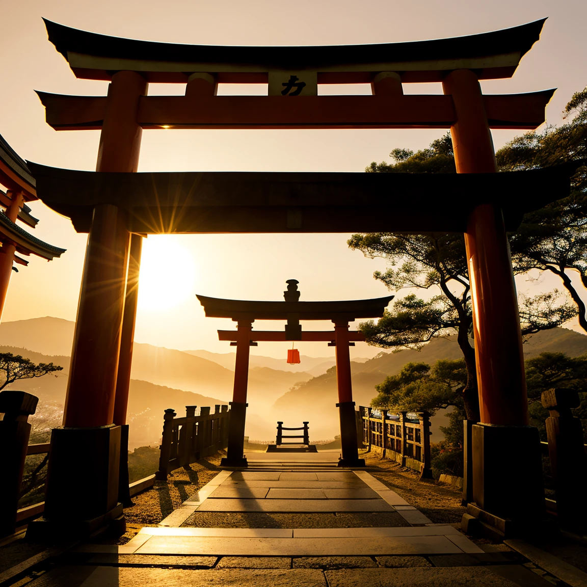 Fushimi Inari Shrine/ Silhouettes of torii gates illuminated by the morning sun