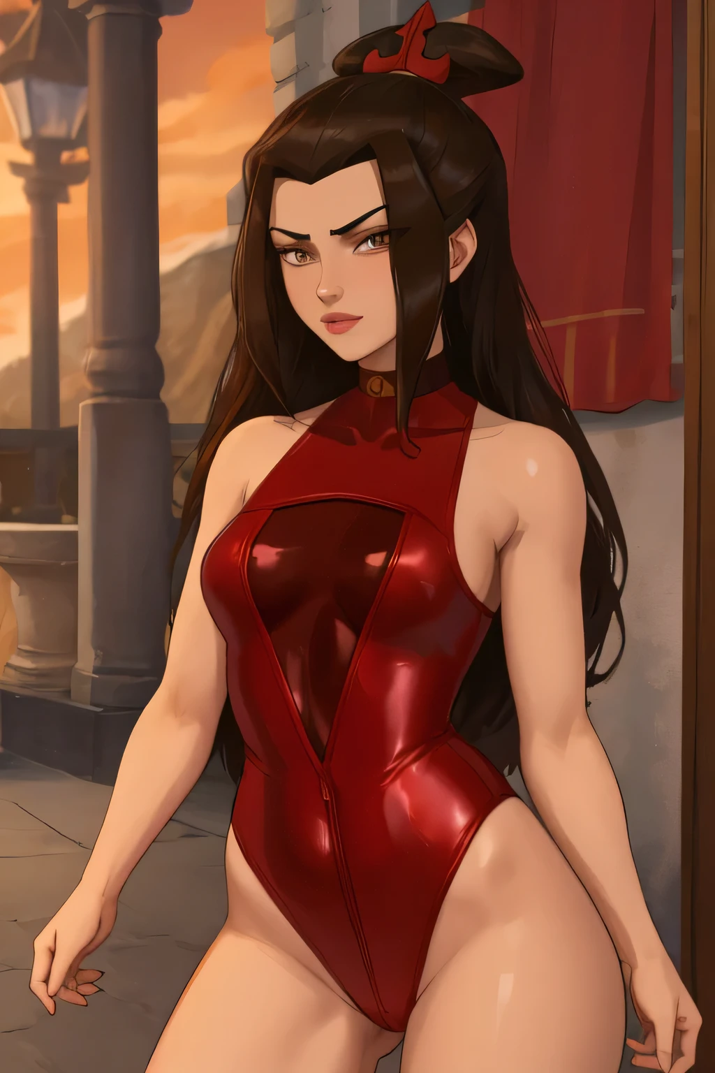Azula. dark brown hair,very long hair . cold brown eyes. dark skin. small breasts. skinny. choker. latex suit. dancer
