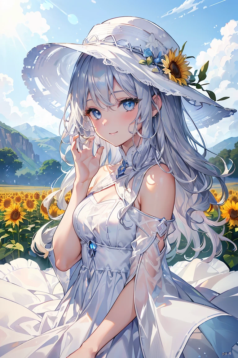 (Highest quality,4K,8k,High resolution,masterpiece:1.2),Very detailed,(Actual, Realistic),
break,
((Beautiful clear blue eyes:1.2)),
break,
((Beautiful and shiny silver hair:1.3)),Naturally Wavy Hair,A shy smile,
break,
(White dress and hat:1.3),
break,
Sunflower field,((Bust Shot)),Zoom in