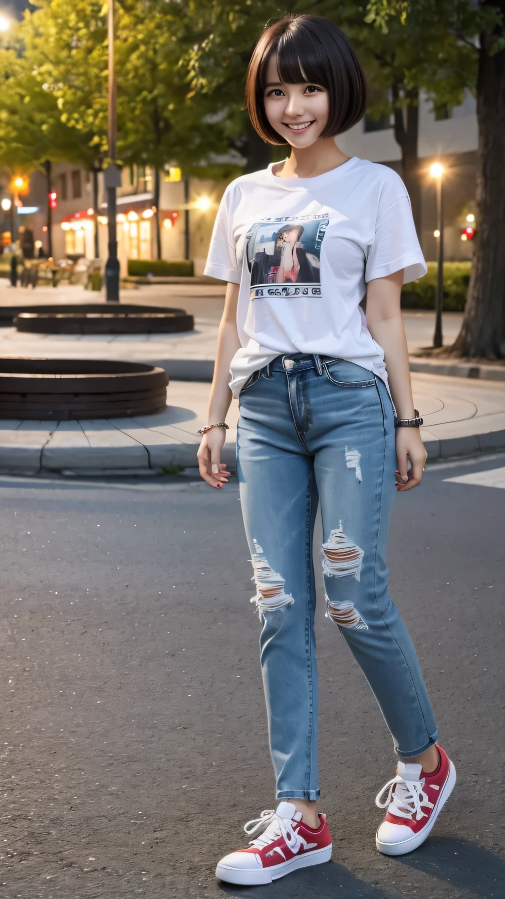 Woman wearing a t-shirt, white jeans and sneakers。Full body photo、Are standing、Short Haircut、smile、Background is a park at night。.