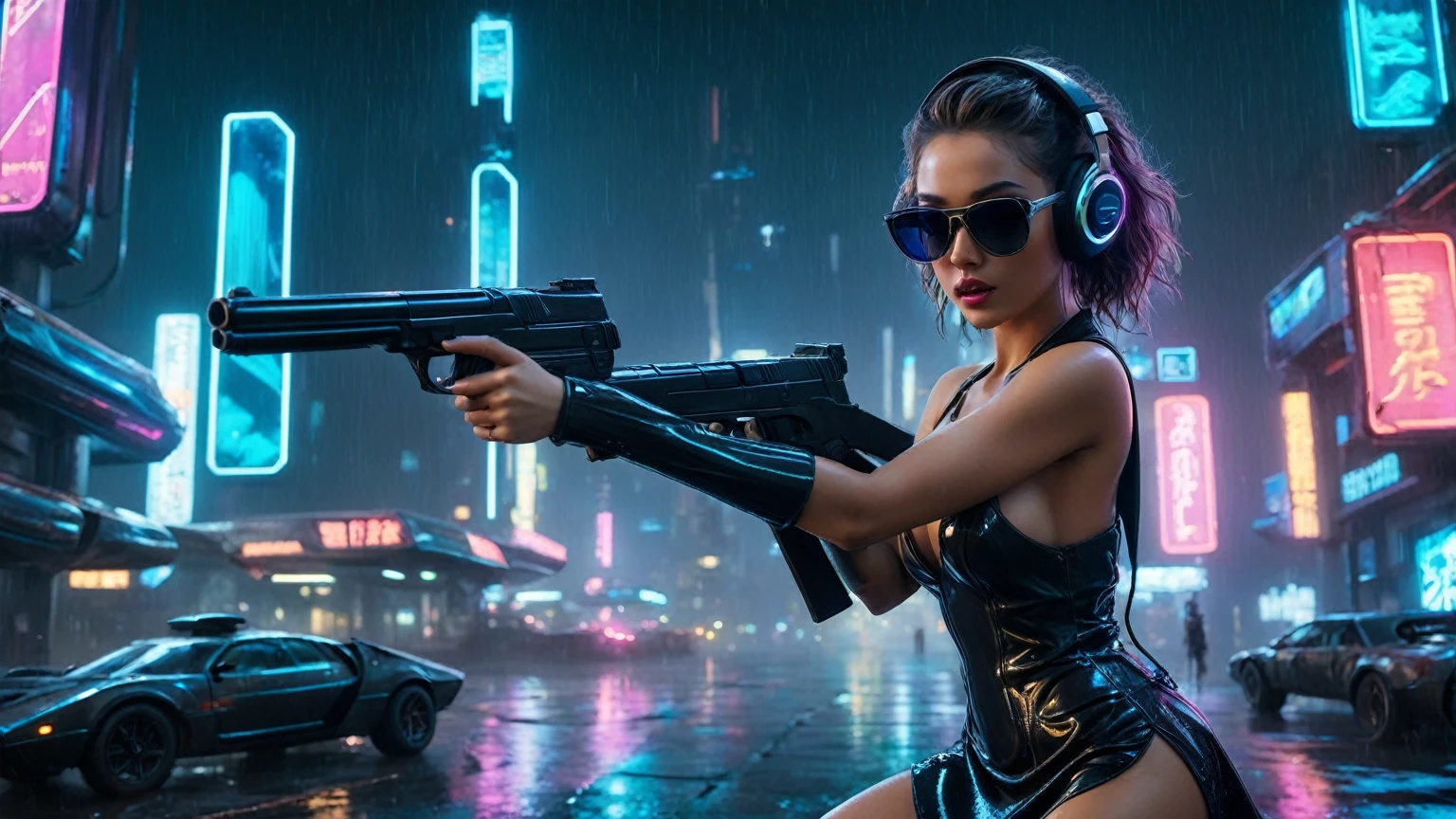 (aerial view, a flying cars docking platform, a very dark abandoned futuristic city, neon lights), rainy night. (((1girl, solo, alone))), large-breast:1.2 slim body, cleavage:1.1, sexy wind blowing wet dress:1.4, (((headphone, black sunglasses, standing and holding pistol:1.8, dynamic rushing pose))), (((((half-body thigh level medium shot))))), cinematic lighting, lens flare, ray tracing.