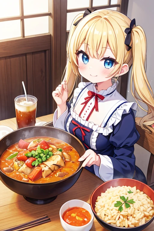 嬉しそうなsmile,Eat a large serving of rice curry,big ricecurry,Cola,Highest quality,Blonde with blue eyes、Lolita、Small breasts、Twin tails、girl'enjoy,smile,bonnet,