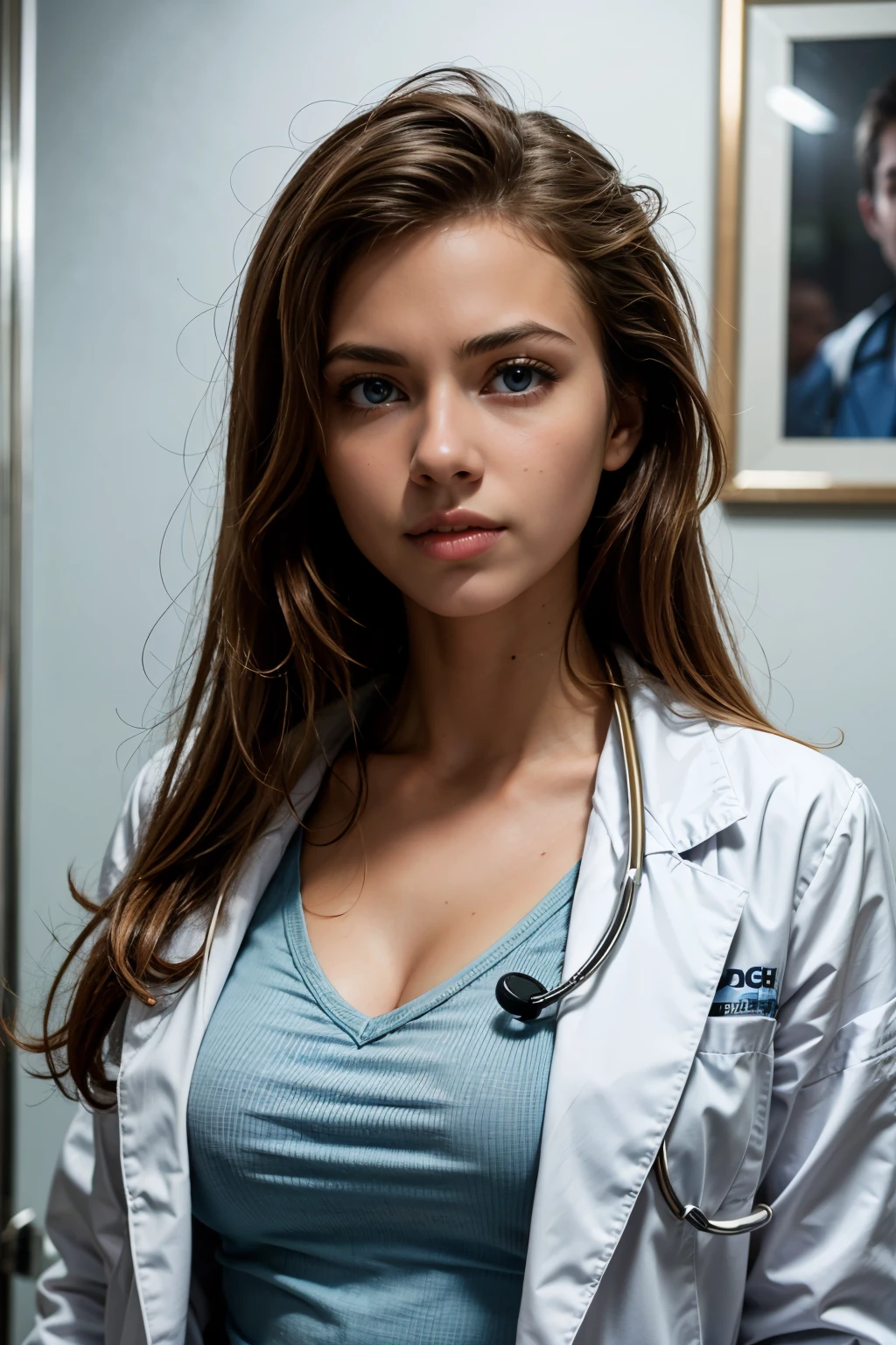 (HD photo:1.4), best quality, professional portrait, ultra detailed, 8k, cinematic, pretty 18 year old girl, cute, detailed skin, (long dark hair:1.2), detailed eyes, large sagging breasts, (wearing white doctor's coat:1.1), (wearing lightblue shirt:1.2), stethoscope, latex gloves, hospital background, sfw