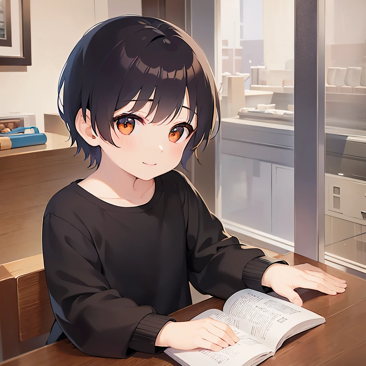 Side shot、Reading a book、
、masterpiece、Highest quality、 (Short hair with brown bangs) and (Orange eyes) and (5 year old boy:1.5)、Boy,
（Black long sleeve shirt）、
smile, Sitting、The background is inside the restaurant、The upper body is shown、Alone、