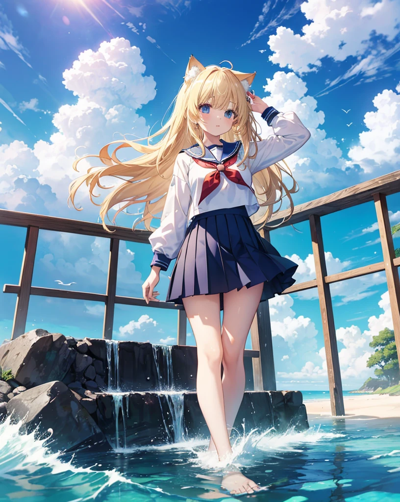 (Highest quality, Masterpiece: 1.2), (Solo), neko ears Anime coloring book, 4K quality, (((Girl))), blonde hair, cat ears, cat tail, neko ears, neko tail, Sailor uniform, Bare feet, Pleated skirt, A girl immersed in the world of anime High school description Noise, beach, blue sky, clouds, cloudy sky, dewy road, sun, horizon, ocean, landscape, sky, skyline, blue sky and white clouds, fantastic light, beautiful light, mirror, mysterious, Beautiful, clear water, mirror world, dream, heaven, stairs, diving, cliff, rainbow, aurora, mirage, moon, planet, meteorite