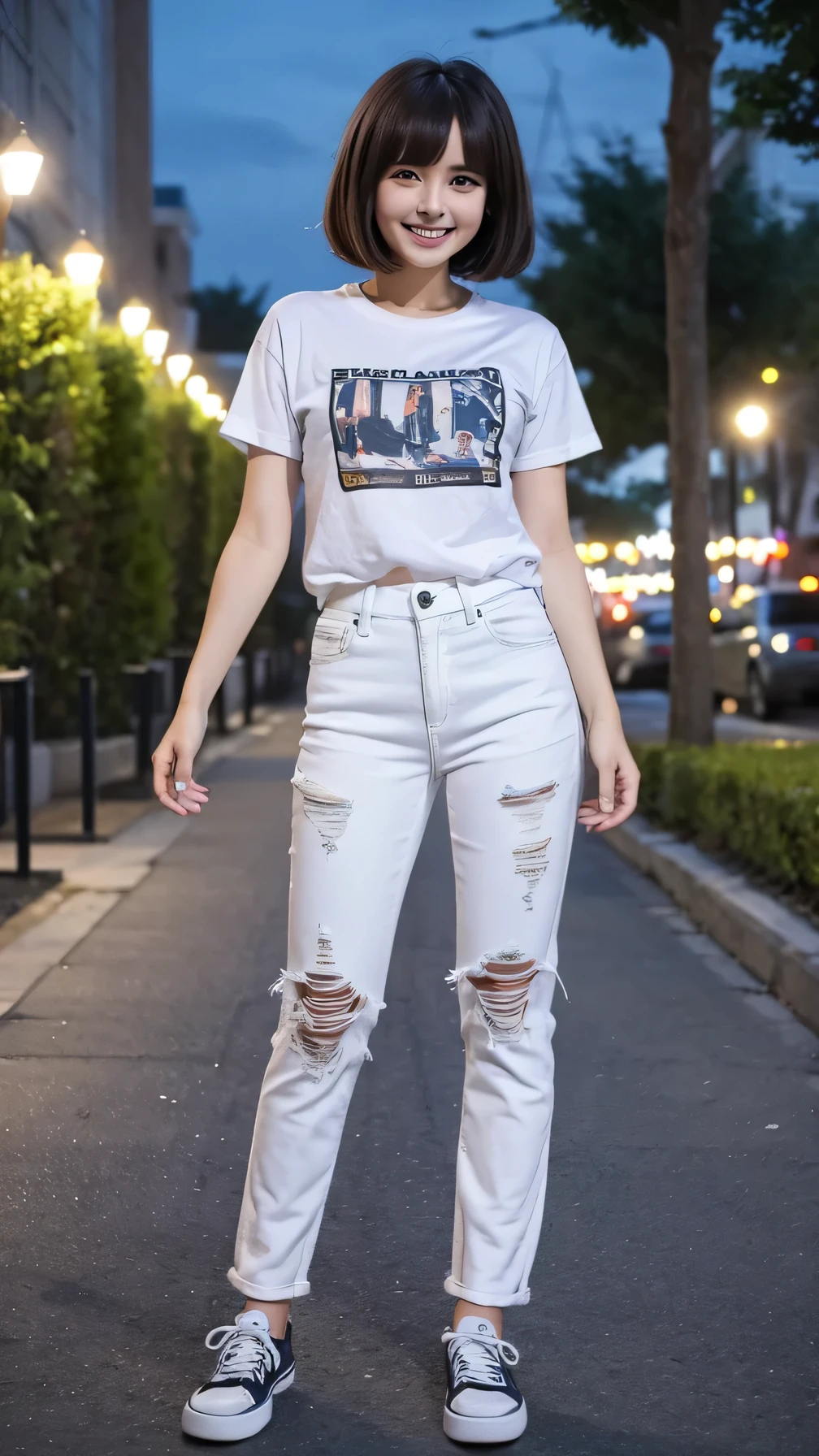 Woman wearing a t-shirt, white jeans and sneakers。Full body photo、Are standing、Short Haircut、smile、Background is a park at night。.
