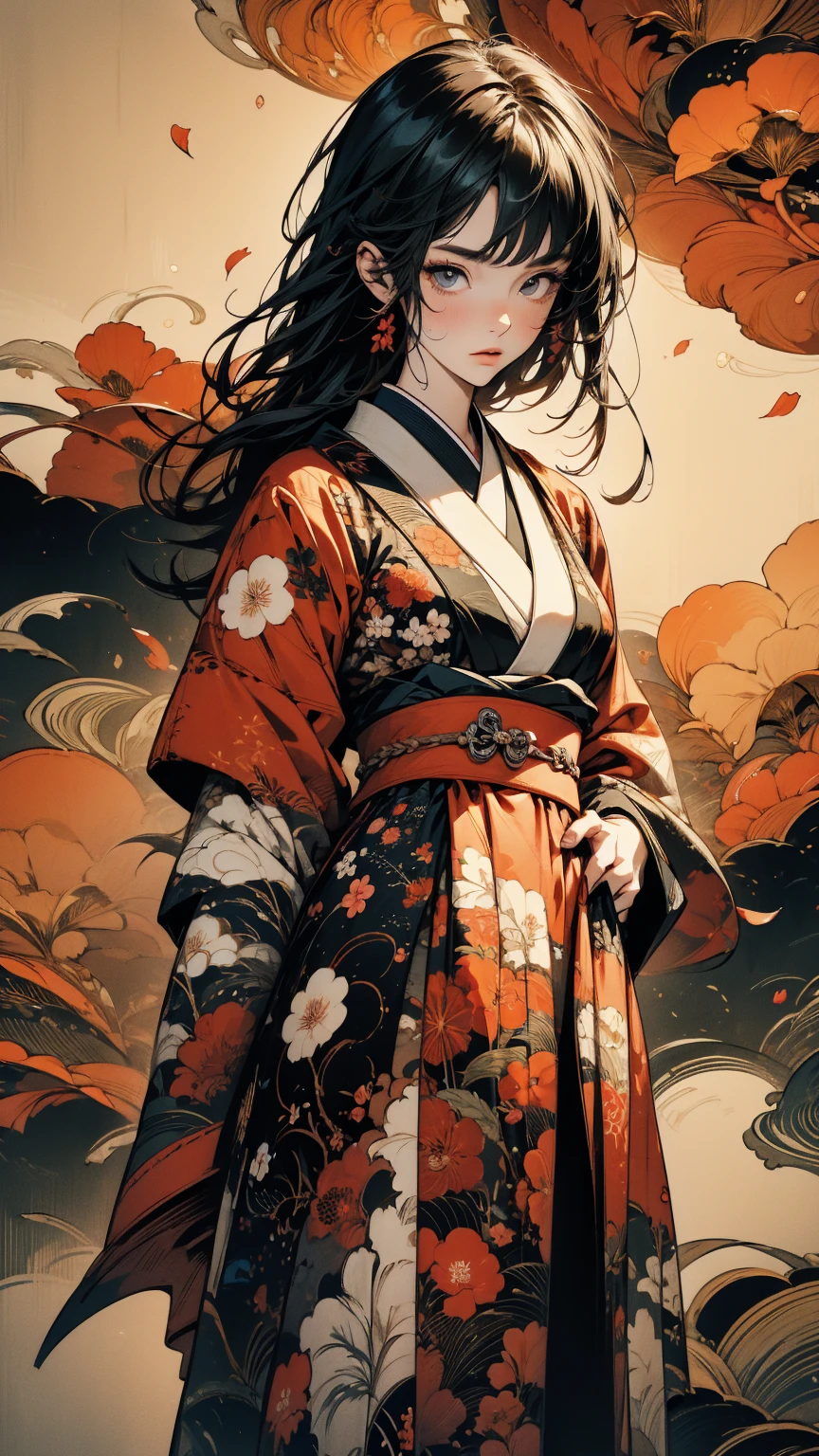 (masterpiece, High resolution, Highest quality), 20-year-old woman, Upper body focus, Hands in pockets:1.3, Japanese-style punk fashion:1.2, Petal Collage, abstract design, And handle background, warm color, artistic juxtapositions, mixed-media approach, Anime Style, Simple lines, Digital Painting,