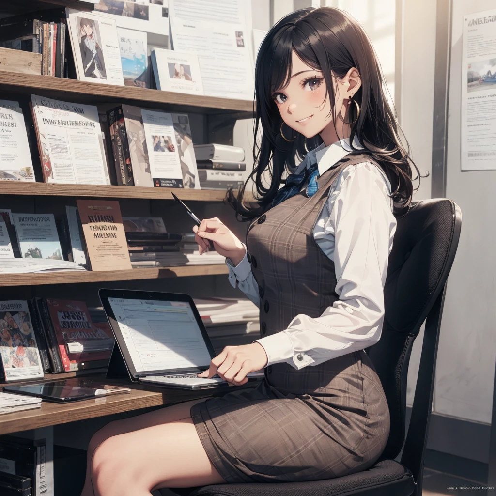 (Best Quality, Masterpiece),Wearing a pink plaid vest, White short sleeved shirt, Gray pencil skirt, Wear stiletto heels, Necklace, earrings, Cute face, Smile, Blushing, Shyness, Glass wall, Ultra Detail, Realistic, Front view, Whole body, stunning, cute, warm smile, hourglass figure, apron, text, chart, advertising, magazine title(Best Quality, Masterpiece), Mag((((1ladyl,)))) (masterpiece), (realistic), (best quality), (ultra-detailed), (wearing in [[white and gray check pattern]] Vest worn over white collared long-sleeved shirt:1.4), (gray vest with buttons:1.2), (Pink Theme:1.2), (blue ribbon ribbon:1.3), (Black theme:1.4), (Tight black pencil skirt:1.5), ((Brown pantyhose)), (high-heels:1.1),longskirt,office desk, office chair,Lulubre Unity 8K Wallpaper, pantyshot, long brown hair, office lady Magazine Cover, 1girl,  amazing, girl, 30 years old, house wiife, warm smile, hourglass figure, text, chart, advertising, magazine title