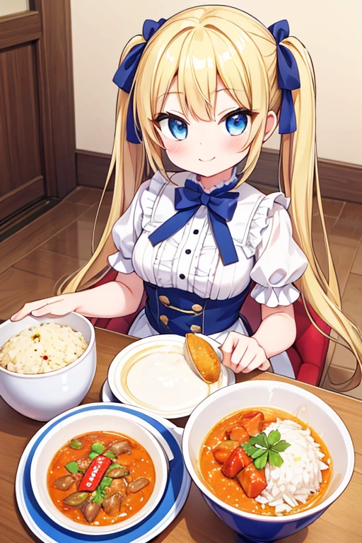 嬉しそうなsmile,Eat a large serving of curry rice,big curryrice,Cola,Highest quality,Blonde with blue eyes、Lolita、Small breasts、Twin tails、girl&#39;enjoy,smile,bonnet,