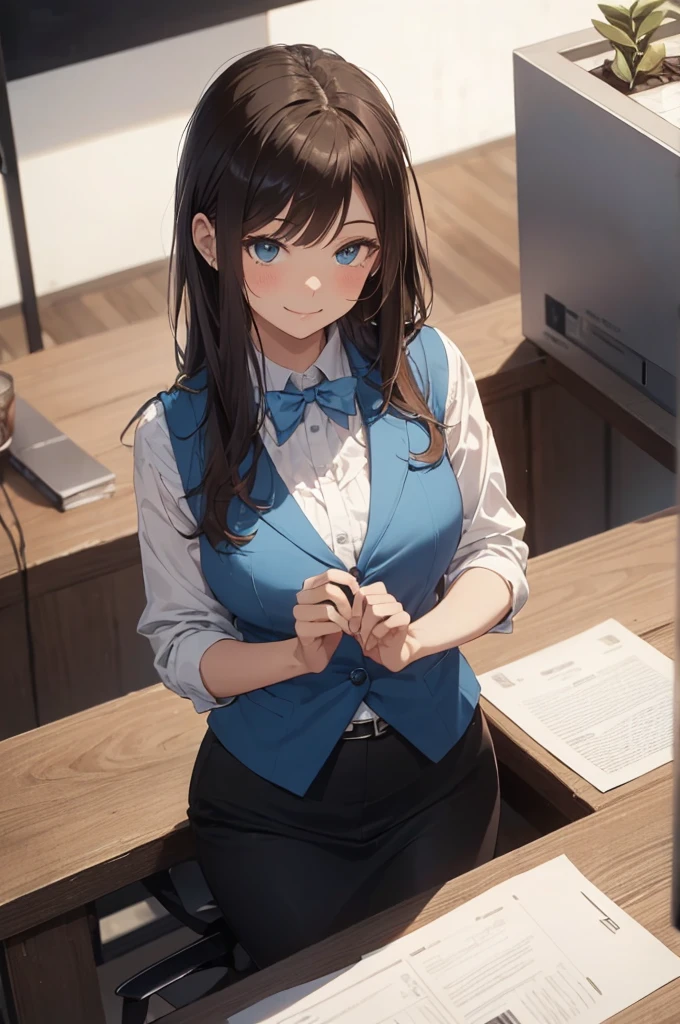 1lady solo, sitting, (from above), office worker, ((blue vest) over white dress shirt), mature female, /(dark brown hair/), kind smile, (masterpiece best quality:1.2) delicate illustration ultra-detailed, large breasts,bowtie BREAK (modern office) indoors, (reception desk), entrance, detailed background