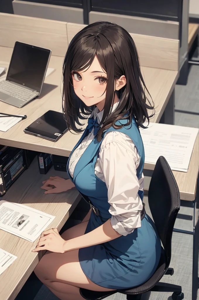 1lady solo, sitting, (from above), office worker, ((blue vest) over white dress shirt), mature female, /(dark brown hair/), kind smile, (masterpiece best quality:1.2) delicate illustration ultra-detailed, large breasts,bowtie BREAK (modern office) indoors, (reception desk), entrance, detailed background