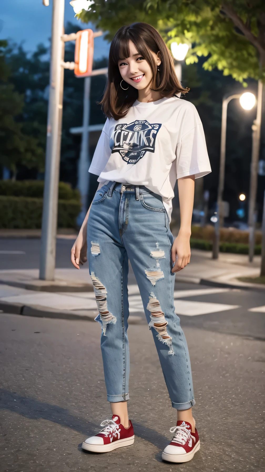 Woman wearing a t-shirt, white jeans and sneakers。Full body photo、Are standing、Ear piercing、、smile、Background is a park at night。.