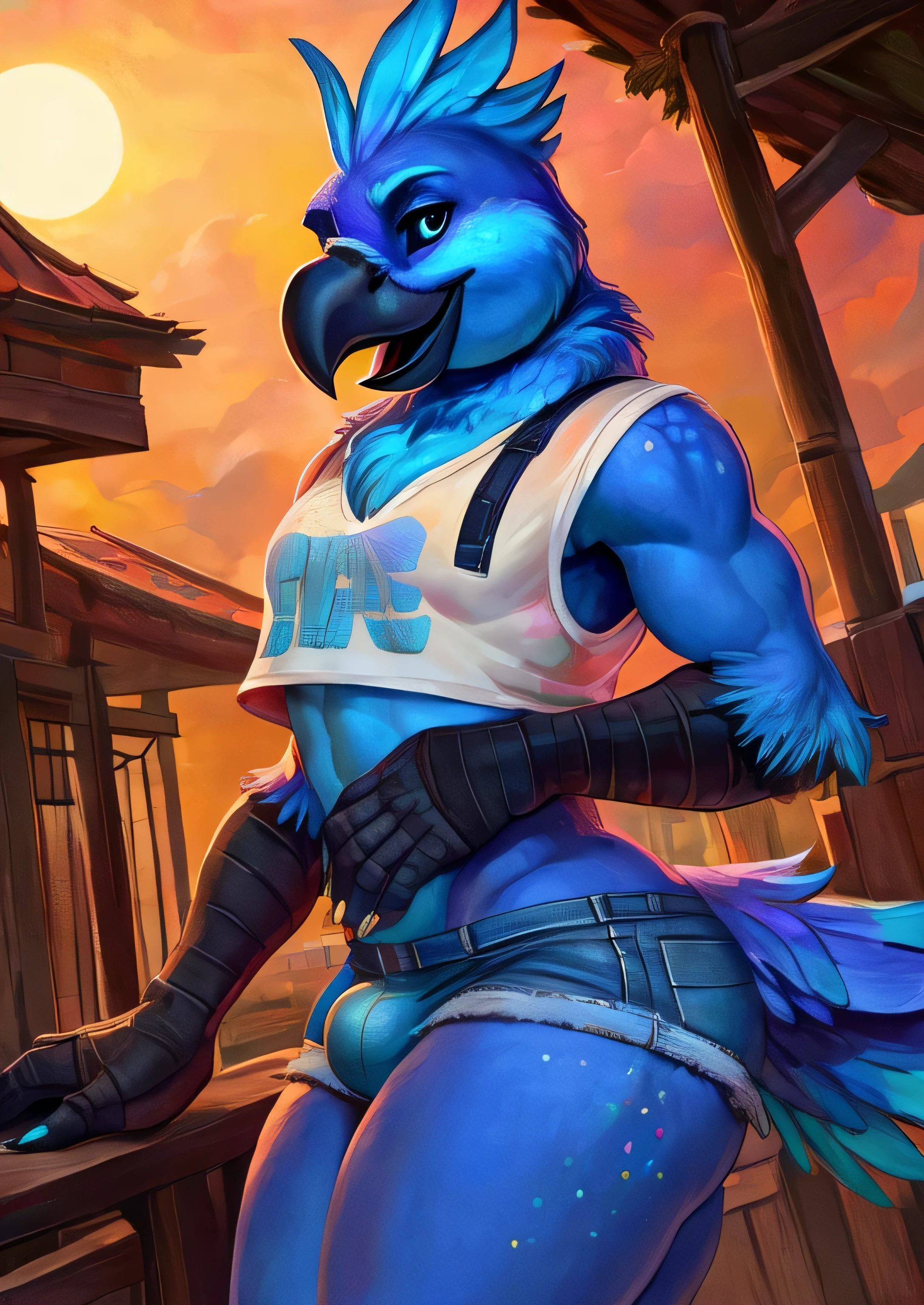 solo male Coby, (((solo))), ((realistic)), cockatiel, anthro, furry, avian, ((clear cyan eyes)), black sclera, long cyan feather mohawk, black beak, blue body with cyan accents, bird feather tail, black bird arms, cyan claws, ((cyan glitter dots on hips)), neck tuft, (bulge,) crotch tuft, ((half-length portrait)), BREAK, (detailed Colin Campbell Cooper blue bird), (feminine, curvy), (((slim))), (skinny), twink, gay, ass, (detailed Bonifasko lighting), (chibi:1.2), (detailed skin), BREAK, (dynamic pose, seductive pose:1.3), (outdoors, ghetto basket ball court at sunset) ((denim shorts, crop top, sneakers, backwards cap, arm warmers)), (cinematic lighting), ((detailed background)), (((three-quarter view))), (half body shadow), (happy, wide eyes, cute), (ass focus), [backlighting], [crepuscular ray], [detailed ambient light], [gray natural lighting], [ambient light on the belly], [higher feather detail], [fluffy feather texture], [realistic proportions], [explict content], [sharp focus], (questionable content), (shaded), ((masterpiece)), BREAK
