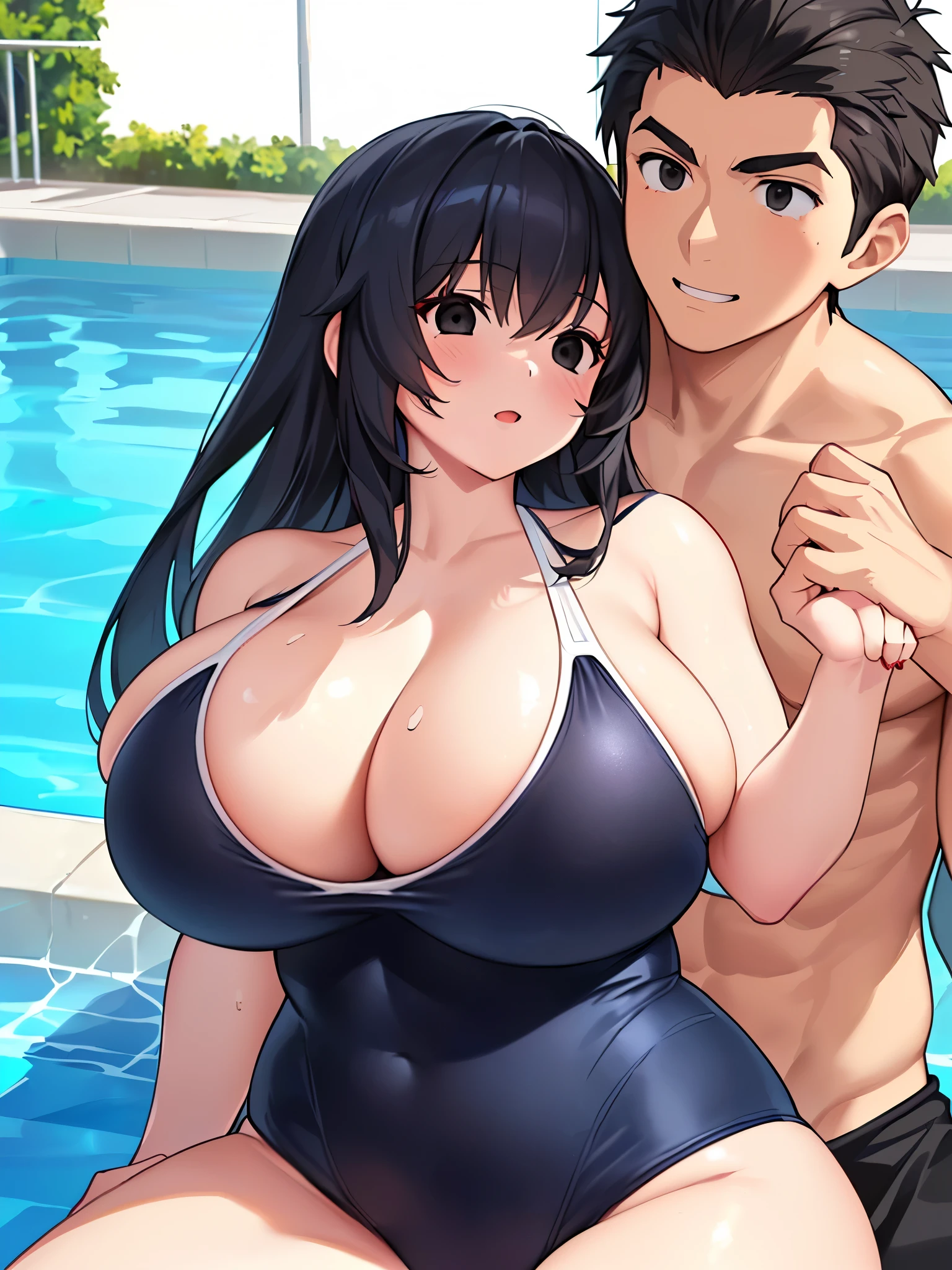 (( puff)),(((titsに顔を挟0))),((Backwards:2.0)),(18-year-old:2.0), ((coastal:1.5)),(((1 man ＆ 1girl is lined up:2.0))),((A woman with huge breasts is wa high-cut swimsuit:2.0)),(Huge breasts:2.0),((1. Tis shirtless.:2.0)),(Smiling Beam:1.5), Two people,Highest quality, 4K, masterpiece, Very detailedな, Studio Lighting, Hilarious, Vivid expression,super high quality, Very detailed,Perfect photo,3d,8k,High resolution,Black Hair,(black eye:1.5),Sporty hairstyles,Smooth anime CG art, Cartoon characters posing next to a pool with a man and a woman, tits proportions, tits, Weg a swimsuit, Artgand Genzoman, Renji Murata and Artgerm, Makoto Shinkai and Artgelm, Muscular!, sfw version, Muscular!!, sakimichan and frank franzzeta