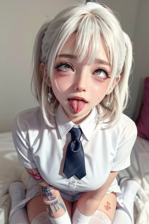 high quality, detailed,nurse girl,(very wet white nurse uniform,very wet uniform,skirt),(torn clothes:1.6),a mole under the eye,(bob hair,bob hair),(tounge out,lots of saliva),(blushing:1.4),smile,absurdres,orgasm,ecstasy,breasts,W-sitting,(wearing white overknee socks,torn overknee socks:1.5),the whole body,the whole body,looking up,she has a lot of earrings,on the bed,very dark atmosphere