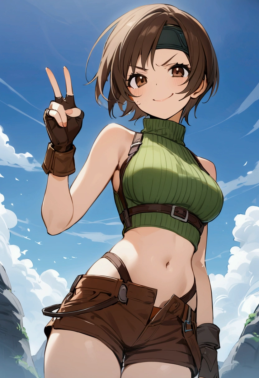 score_9, score_8_up, score_7_up,BREAK best quality,high quality,masterpiece,aesthetic,very aesthetic,soro,,1girl,yuffie kisaragi,, final fantasy,short hair,headband,navel,sleeveless,turtleneck
brown eyes,
sleeveless turtleneck,gloves,crop top,brown hair,shorts,midriff,sweater,open fly,fingerless gloves,ribbed sweater,looking at viewer,smug,v,v-shaped eyebrows,wide eyes,dynamic angle,