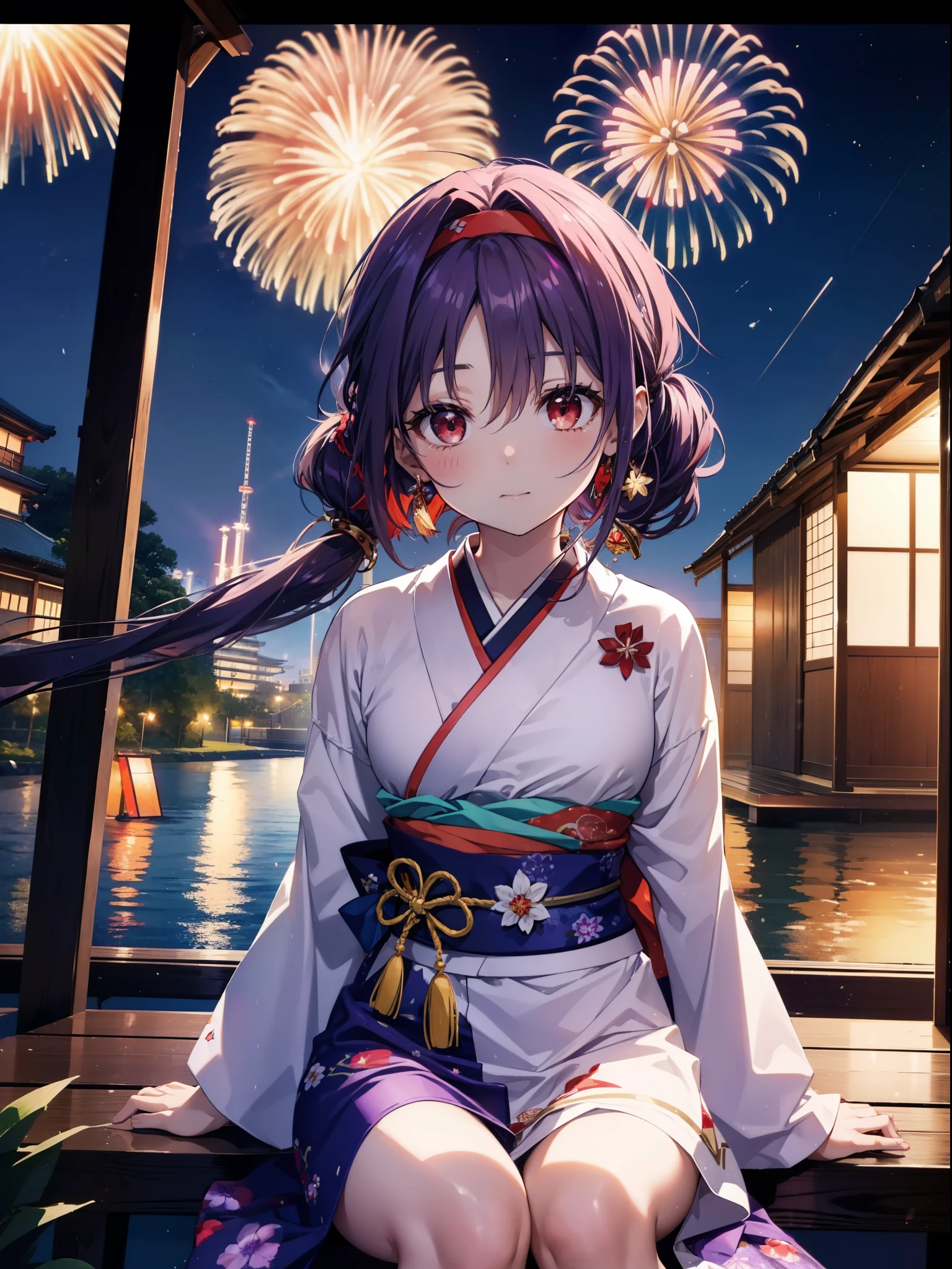 yuukikonno, Yuuki Konno, hair band, Long Hair, Pointed Ears, Purple Hair, Ahoge,(Red eyes:1.5), (Small breasts:1.2),low twin tail,smile,blush,Open your mouth,Purple Kimono,Purple long skirt,Fireworks in the night sky,Fireworks,The place is a fireworks display,Time is night,sunny day,Sitting on a bench,There is shaved ice on the bench,Wind Chimes,whole bodyがイラストに入るよう,
break looking at viewer, , whole body, (Cowboy Shot:1. 5)
break indoors, Veranda,Japanese garden,
break (masterpiece:1.2), Highest quality, High resolution, unity 8k wallpaper, (figure:0.8), (Beautiful attention to detail:1.6), Highly detailed face, Perfect lighting, Highly detailed CG, (Perfect hands, Perfect Anatomy),