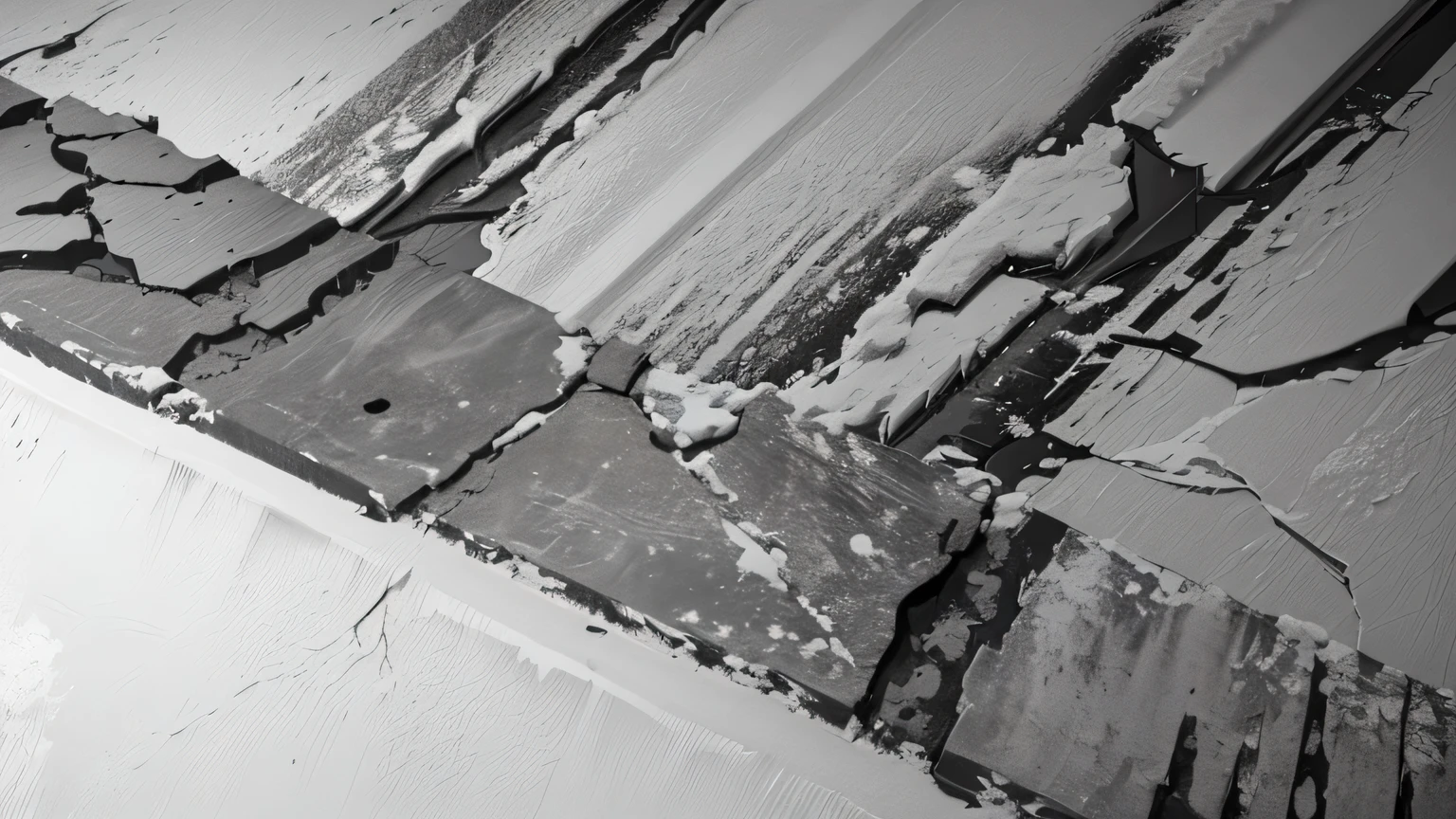 there is a black and white photo of a wall with snow on it, detail texture, thick paint visible, texture detail, thick paint, fine texture detail, high texture detail, dripping black and grey paint, paint texture, chipped paint, weathered surfaces, dull flaking paint, rotting black clay skin, cracks, high texture detail), smudged edges