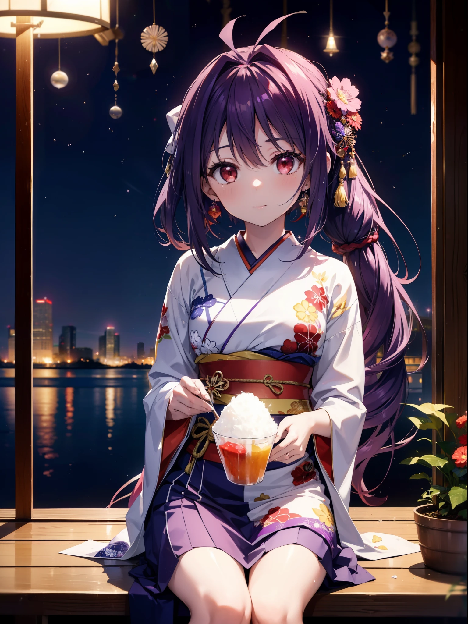 yuukikonno, Yuuki Konno, hair band, Long Hair, Pointed Ears, Purple Hair, Ahoge,(Red eyes:1.5), (Small breasts:1.2),low twin tail,smile,blush,Open your mouth,Purple Kimono,Purple long skirt,Fireworks in the night sky,Fireworks,The place is a fireworks display,Time is night,sunny day,Sitting on a bench,There is shaved ice on the bench,Wind Chimes,whole bodyがイラストに入るよう,
break looking at viewer, , whole body, (Cowboy Shot:1. 5)
break indoors, Veranda,Japanese garden,
break (masterpiece:1.2), Highest quality, High resolution, unity 8k wallpaper, (figure:0.8), (Beautiful attention to detail:1.6), Highly detailed face, Perfect lighting, Highly detailed CG, (Perfect hands, Perfect Anatomy),