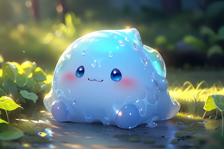 (Slime), lovely, 虹色のSlime, Big eyes, Flower Field, blue sky, sunlight
