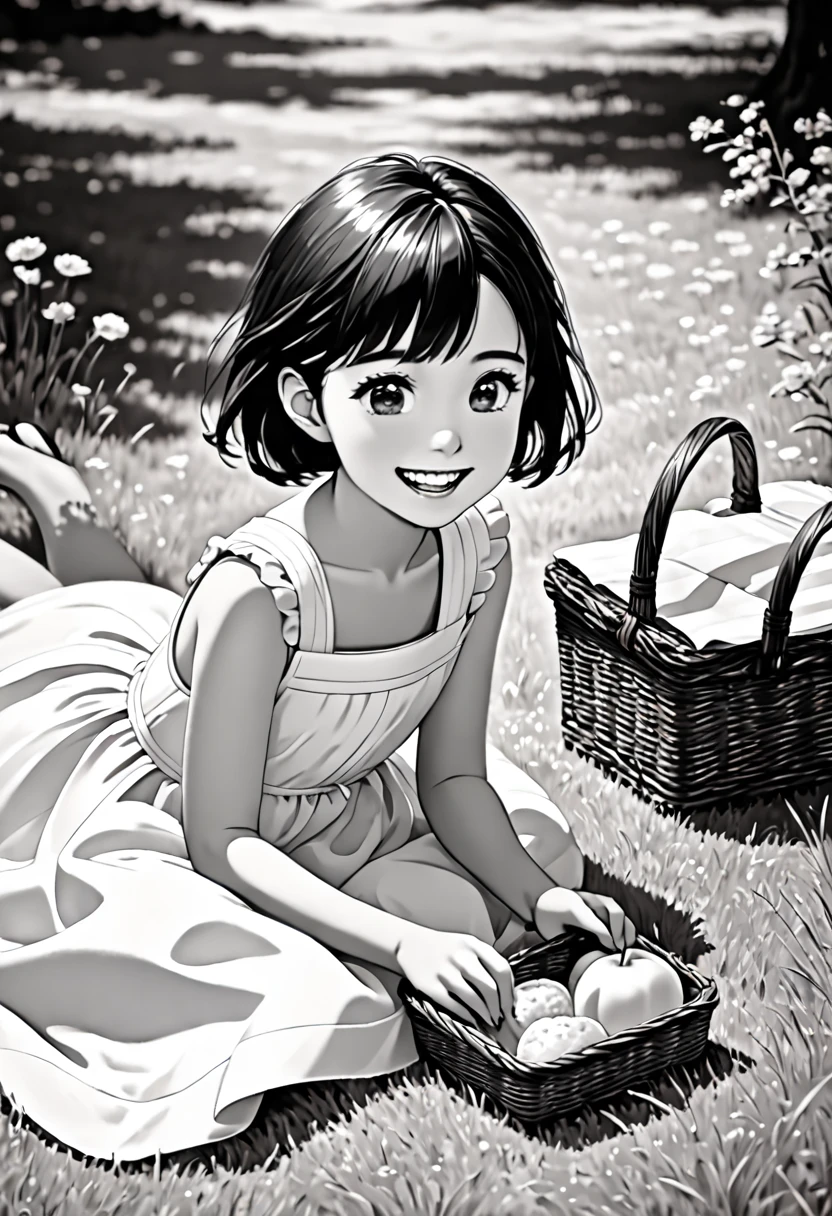 masterpiece,(masterpiece, top quality, best quality)1girl, black hair, lying, food, grass, picnic, open mouth, on stomach, white dress, smile, outdoors, sleeveless, dress, child, holding, female child, picnic basket, blush, solo, day, short hair, eating, sunlight, black eyes, sleeveless dress
Negative prompt: ,EasyNegative,(low quality:2),(normal quality:2),lowers,normal quality,((monochrome)),((grayscale)),teeth,