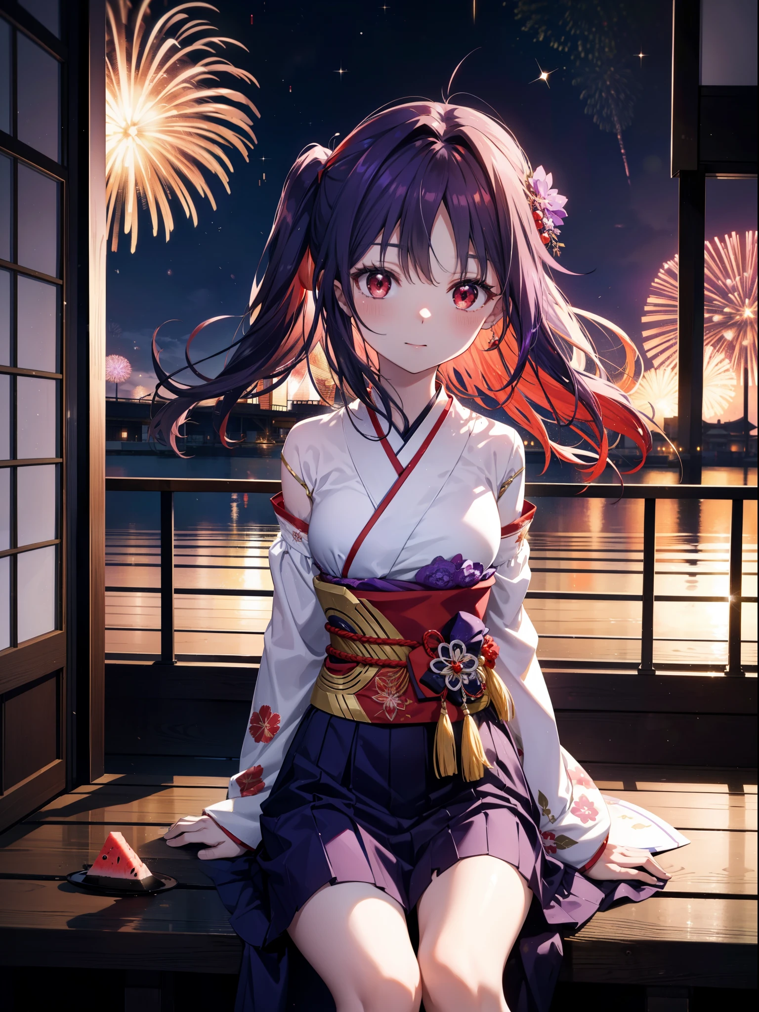 yuukikonno, Yuuki Konno, hair band, Long Hair, Pointed Ears, Purple Hair, Ahoge,(Red eyes:1.5), (Small breasts:1.2),low twin tail,smile,blush,Open your mouth,Purple Kimono,Purple long skirt,Fireworks in the night sky,Fireworks,The place is a fireworks display,Time is night,sunny day,Sitting on a bench,A triangular piece of red watermelon is placed on a plate on a bench.,Wind Chimes,whole bodyがイラストに入るよう,
break looking at viewer, , whole body, (Cowboy Shot:1. 5)
break indoors, Veranda,Japanese garden,
break (masterpiece:1.2), Highest quality, High resolution, unity 8k wallpaper, (figure:0.8), (Beautiful attention to detail:1.6), Highly detailed face, Perfect lighting, Highly detailed CG, (Perfect hands, Perfect Anatomy),