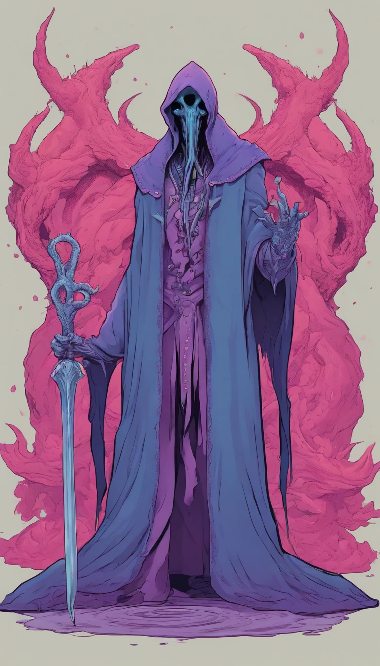 Mind flayer,Inspired by Dungeons & Dragons,Full body concept art illustration of Mind Flayer。The character has human-like proportions,tall、slim and muscular。The character has 4 tentacles extending from its chin,Light purple skin,Almost Blue。The character is dressed in exquisite、Luxurious white academic robes and ornate leather boots。Background is blank