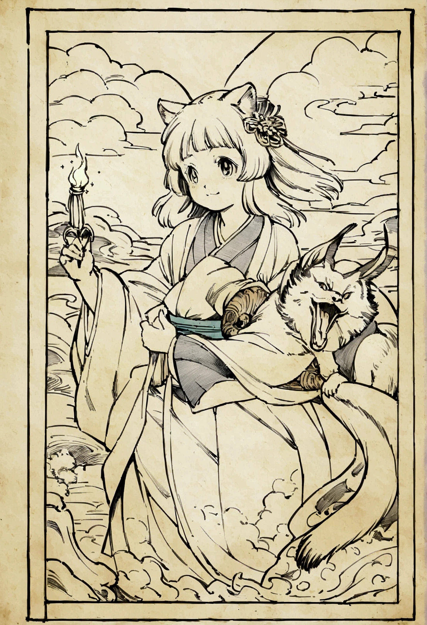 Edo period Ukiyo-e style,Line art,animal