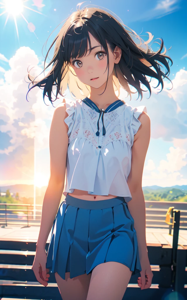 High resolution、Highest quality、masterpiece、
Front facing, facing this way、
gal&#39;s refreshing smile、cute、
More cute casual summer outfits、cute mini skirt、
Thin thighs、sneakers、
Beautiful dark clouds, (Cowboy Shot:1.4), Beautiful and realistic, 
Beautiful backlight, (Lens flare:1.1), (bloom:1.1), (chromatic aberration:1.1)

