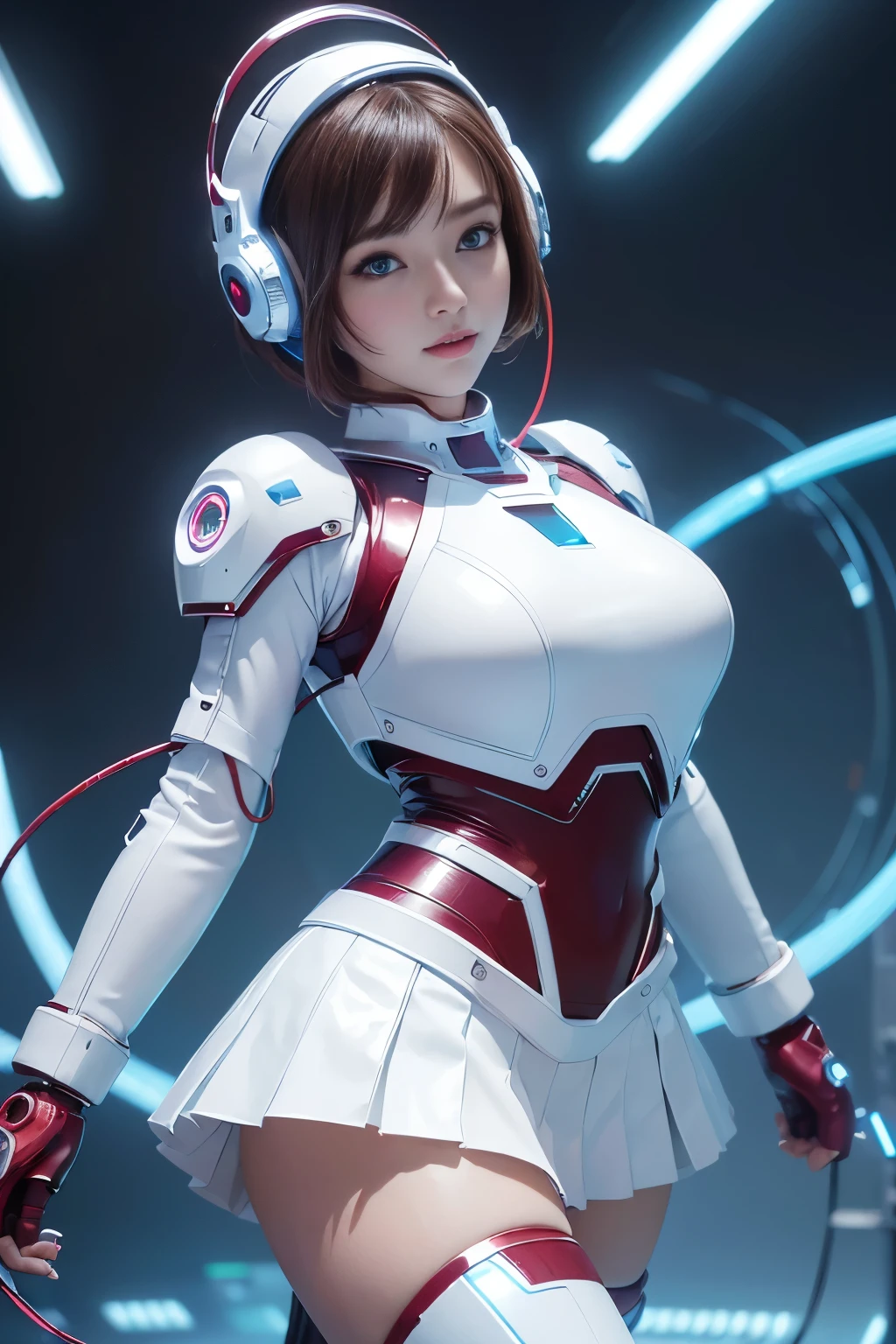 (Highest quality, High resolution, masterpiece:1.2), Very detailed, Realistic:1.37, (Perfect Anatomy),1 girl, actress, Cowboy Shot, Cute and beautiful 20 year old girl,Very cute face, (Changed to Cyber Digital Guardian:1.2),Standing posture,(Laughter),(Beautiful Blue Eyes),Beautiful Skin,(Futuristic and cute white and maroon fitted shiny cyber digital guardian suit and skirt:1.2), ,Attractive idol makeup,White short-cut hair,Cute and futuristic cyber helmet,(Many cables connected to the head and body:1.4)、Connect to computer,Cute pose,cyber punk,(The background is complex computer circuits and LEDs.:1.2)