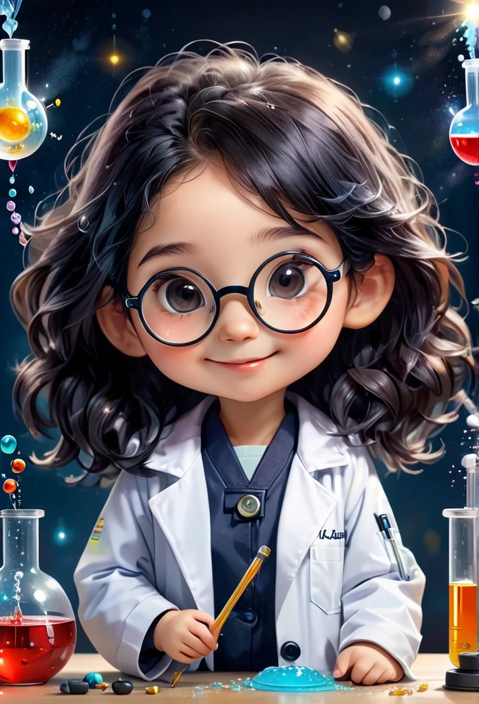 (((Chibi Baby))) Chemistry Mascot MASCOT, atoms, Molecules ,Has black hair , Blind box style and model with popular market style, The sunlight shines, , hyper qualit, sharp features, Ultra HD and 8K resolution,Cool Hand Drawn Illustration,fly away (Inside out disgusting), Create a series of best quality cute chibi dolls,ultra details,realisitic,Science Laboratory,Chemical experiment,ultra HD, chemical equipment,scientists working,cups,UHD Bunsen Burner ,Microscope,laboratory glassware,measuring cylinders,labcoats,Round nerd glasses ,science books,Periodic table,scientChibi Baby Chemistry Mascot MASCOT, atoms, Molecules ,Has black hair , Blind box style and model with popular market style, The sunlight shines, , hyper qualit, sharp features, Ultra HD and 8K resolution,Cool Hand Drawn Illustration,fly away (Inside out disgusting), Create a series of best quality cute chibi dolls,ultra details,realisitic,Science Laboratory,Chemical experiment,ultra HD, chemical equipment,scientists working,cups,UHD Bunsen Burner ,Microscope,laboratory glassware,measuring cylinders,labcoats,Round nerd glasses ,science books,Periodic table,scientific research,discoveries,new inventions,innovation,aprendizagem,education,Scientific culture wears coat with details of buttons and brooches , her coat is charming and cute with ultra chemical details ,Curiosidade,Technological advancements,swirly vibrant colors,soft lighting,modern laboratory,nerdy atmosphere,laboratory instruments,hypothesis testing,Scientific method,symbolic representation,Critical thinking,experiments ,precision,precision,Intricate details,impressive scientific setup,natural elements,exploration of the mysteries of science,unlocking the secrets of nature. Baby chibi is happy and excited, remember to use chemical laboratory glassware, The chalkboard behind the cute chibi baby is written the structure of caffeine in white chalk 18K UHDBlack hair,