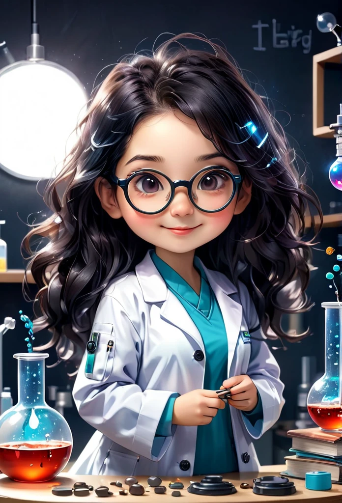 (((Chibi Baby))) Chemistry Mascot MASCOT, atoms, Molecules ,Has black hair , Blind box style and model with popular market style, The sunlight shines, , hyper qualit, sharp features, Ultra HD and 8K resolution,Cool Hand Drawn Illustration,fly away (Inside out disgusting), Create a series of best quality cute chibi dolls,ultra details,realisitic,Science Laboratory,Chemical experiment,ultra HD, chemical equipment,scientists working,cups,UHD Bunsen Burner ,Microscope,laboratory glassware,measuring cylinders,labcoats,Round nerd glasses ,science books,Periodic table,scientChibi Baby Chemistry Mascot MASCOT, atoms, Molecules ,Has black hair , Blind box style and model with popular market style, The sunlight shines, , hyper qualit, sharp features, Ultra HD and 8K resolution,Cool Hand Drawn Illustration,fly away (Inside out disgusting), Create a series of best quality cute chibi dolls,ultra details,realisitic,Science Laboratory,Chemical experiment,ultra HD, chemical equipment,scientists working,cups,UHD Bunsen Burner ,Microscope,laboratory glassware,measuring cylinders,labcoats,Round nerd glasses ,science books,Periodic table,scientific research,discoveries,new inventions,innovation,aprendizagem,education,Scientific culture wears coat with details of buttons and brooches , her coat is charming and cute with ultra chemical details ,Curiosidade,Technological advancements,swirly vibrant colors,soft lighting,modern laboratory,nerdy atmosphere,laboratory instruments,hypothesis testing,Scientific method,symbolic representation,Critical thinking,experiments ,precision,precision,Intricate details,impressive scientific setup,natural elements,exploration of the mysteries of science,unlocking the secrets of nature. Baby chibi is happy and excited, remember to use chemical laboratory glassware, The chalkboard behind the cute chibi baby is written the structure of caffeine in white chalk 18K UHDBlack hair,