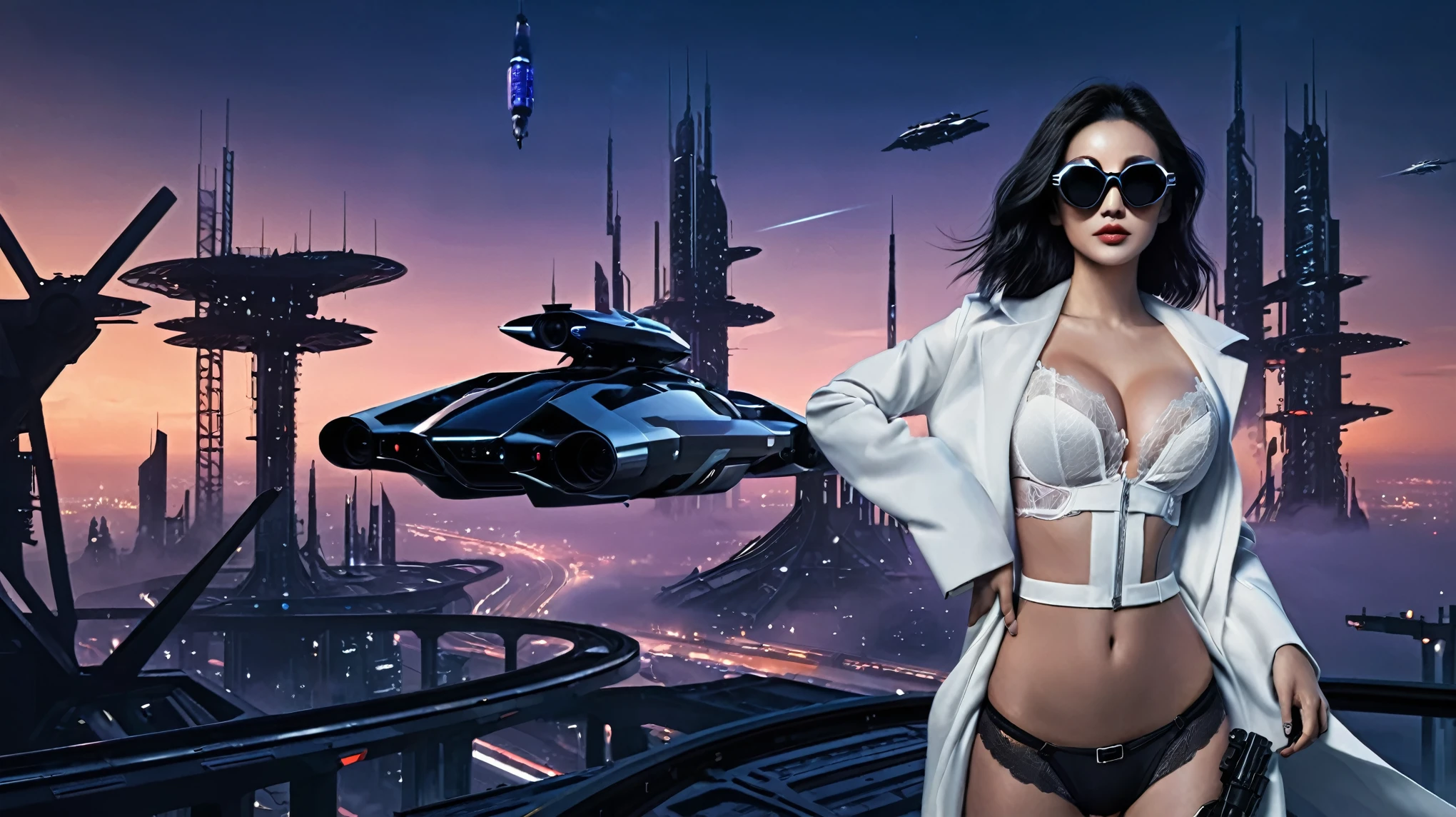 at night, ((a large-breast:1.2 lingerie slim:0.6 GIRL with black mini VR sunglasses)), ((holding a pistol)), aerial view of an ultra-futuristic megalopolis, tall metal buildings in dark colors from dark blue to black, shades of metal gray, smoky metal structures, industrial environment with fog around, dark cars on the streets, (flying vehicle), modern metal rails and trains passing through, ((futuristic space station)), realistic, detailed, sci-fi.