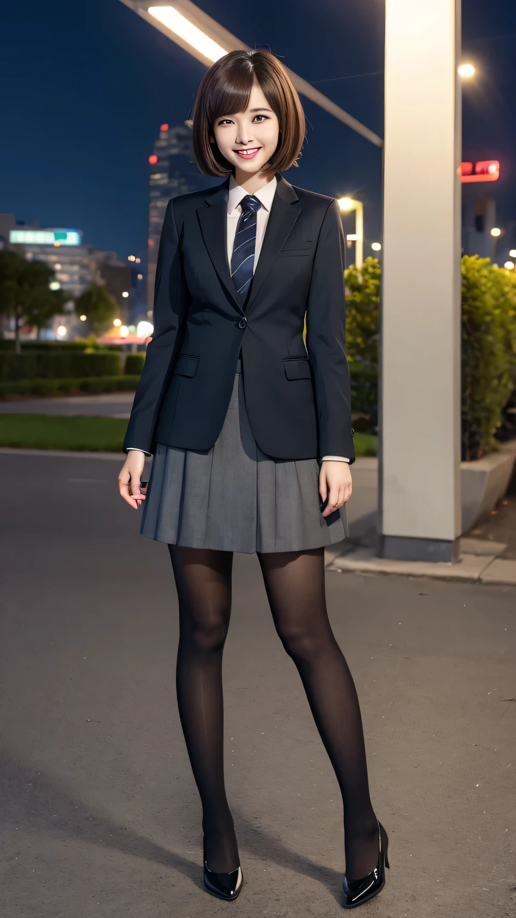 Office lady, woman in suit、Knee-length skirt、tights、pumps、Full body photo、Are standing、Short Haircut、Ear piercing、smile、Background is a park at night。.
