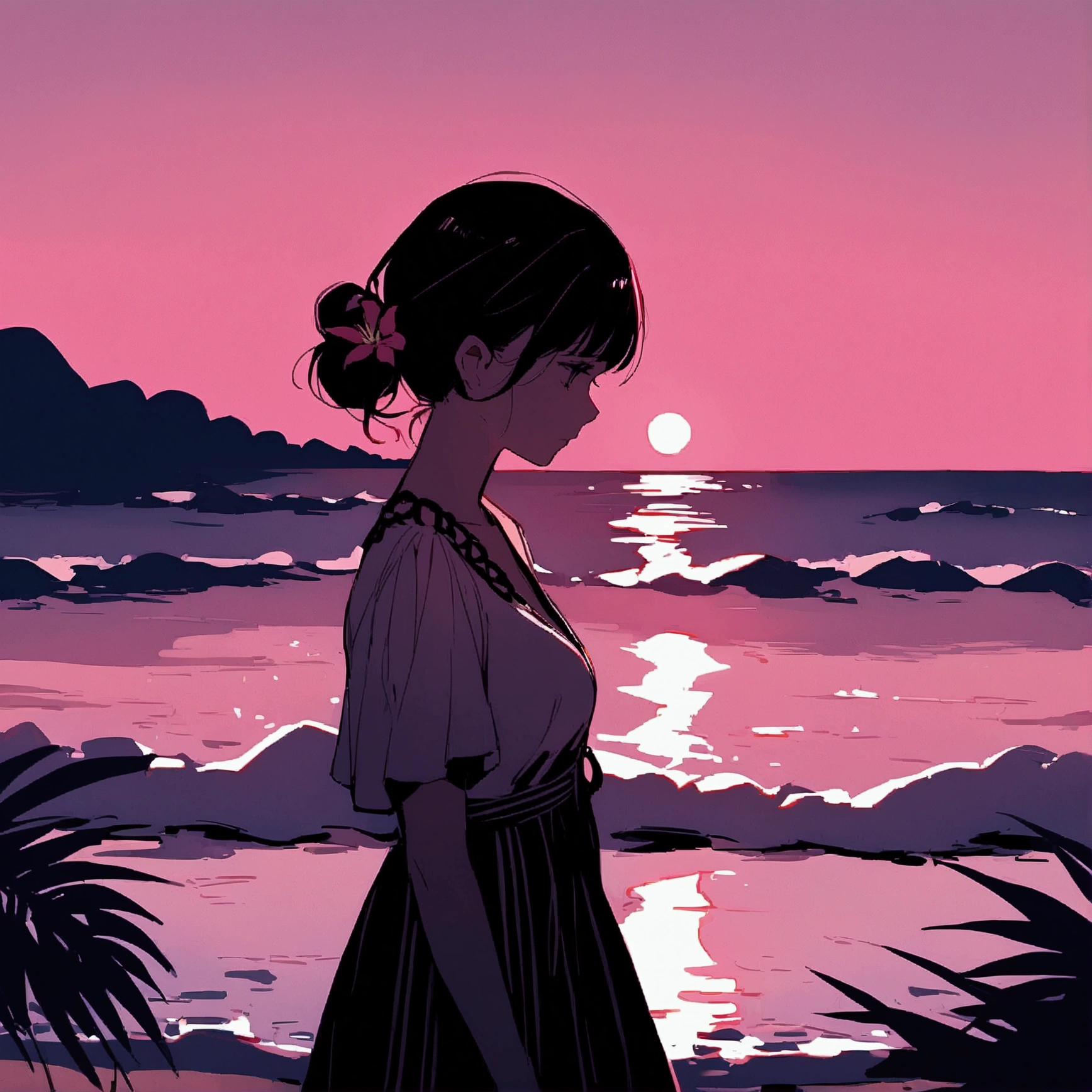 Summer, tropical flowers, pink sky, beach, woman, pop, clear lines, faint light, nostalgic, sad