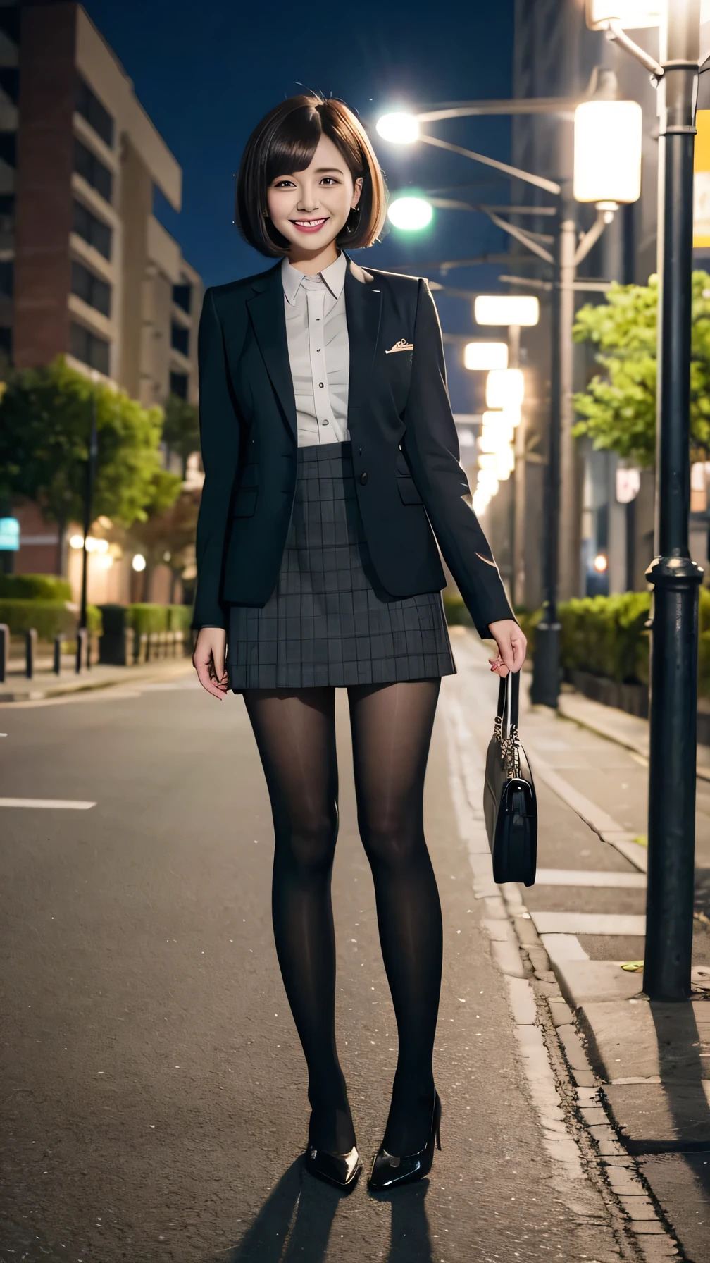 Office lady, woman in suit、Knee-length skirt、tights、pumps、Full body photo、Are standing、Short Haircut、Ear piercing、smile、Background is a park at night。.
