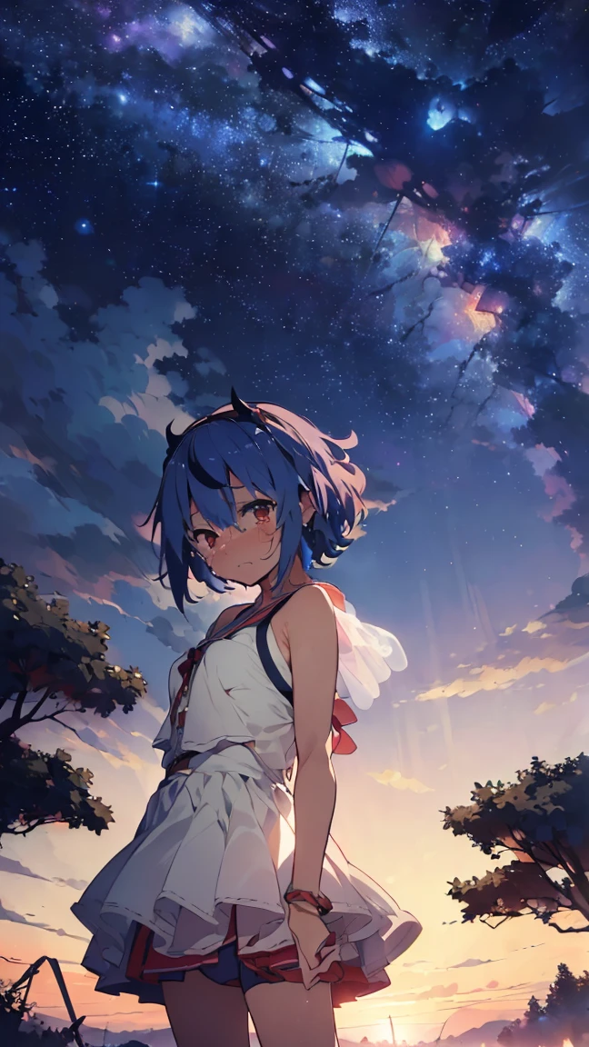 masterpiece, Highest quality, High resolution, Very detailed,(((Mikoto Naruka))), (((Blue light)))、(((Are crying。)))、(((Standing in the distance))), (((Facing forward。))), night, (((Against the background of the starry sky))), (((comet)))