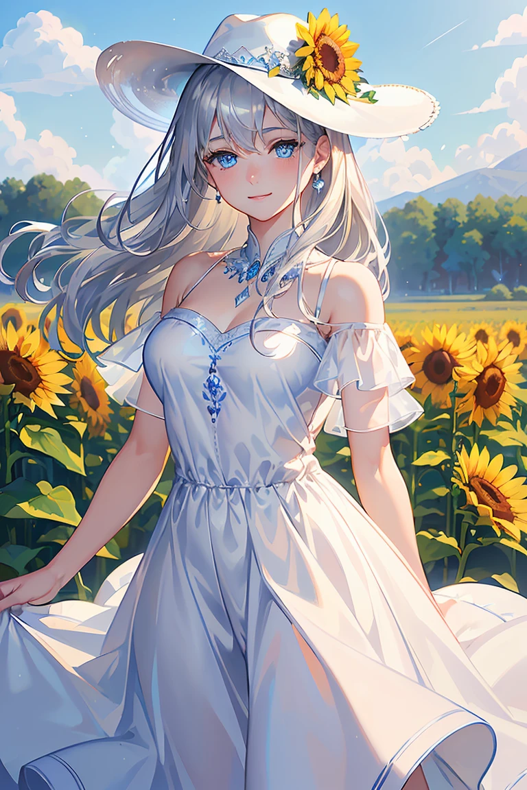 (Highest quality,4K,8k,High resolution,masterpiece:1.2),Very detailed,(Actual, Realistic),
break,
((Beautiful clear blue eyes:1.2)),
break,
((Beautiful and shiny silver hair:1.3)),Naturally Wavy Hair,A shy smile,
break,
(White dress and hat:1.3),
break,
Sunflower field,(( Shot)),Zoom in
