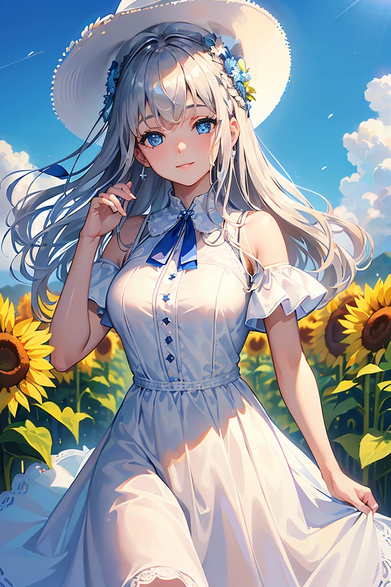 (Highest quality,4K,8k,High resolution,masterpiece:1.2),Very detailed,(Actual, Realistic),
break,
((Beautiful clear blue eyes:1.2)),
break,
((Beautiful and shiny silver hair:1.3)),Naturally Wavy Hair,A shy smile,
break,
(White dress and hat:1.3),
break,
Sunflower field,((Bust Shot)),Zoom in