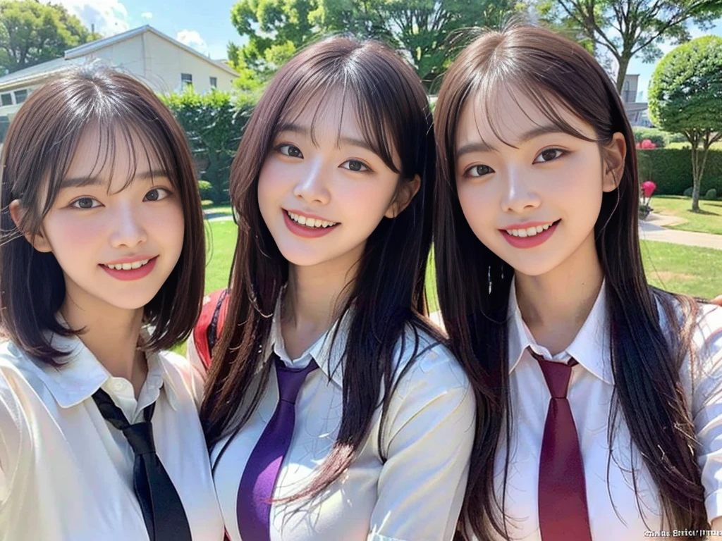 (Super cute Korean schoolgirl takes a commemorative photo with her beautiful best friend:1.2)(laughing:1.2)(Beautiful Sweat:1.1)(16K, RAW Photos, Highest quality, masterpiece: 1.2),(Her shiny, beautiful black bob hair sways softly in the wind.:1.1) Super detailed, Super Resolution, (Genuine, Genuine photos: 1.37), Portraiture, High-resolution RAW color photos, Professional photos, Very detailed, 8k wallpaper, Very detailed CG Unity 8k wallpaper, Very detailed beautiful girls, Very detailed faces, ((whole body)), beautiful woman, Huge breasts,(huge boobs:1.1) (Big Boobs:1.1), beautiful  (Cute  that is wet and transparent,School-designated summer short-sleeved shirt＆Red tie and shirt uniform),high school girl, Korean Girls,(K-POP Female Idols), (Idol-class beauty)(Beautiful high school girl:1.1)(A barbecue party held in the garden on a sunny day)((15 years old)(Date:1.2)(Group photo:1.2)Headband(NSFW:1.2)(Only one person has beautiful purple hair:1.1)(trio)