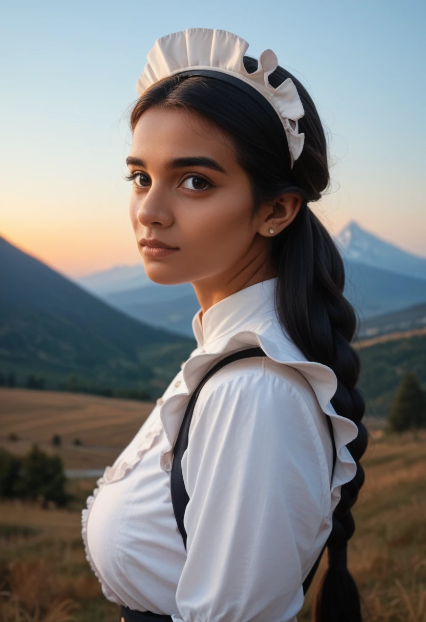 (Best Quality, hyper realistic photography), Magnificent mountain peak, Woman watching sunset, white shirts, jeans, trekking boots, rucksack, (ultra-delicate face, Super Beautiful Maid, Super delicate eyes, Ultra-detailed nose, Ultra detailed mouth, Ultra-detailed facial features), Beautie, 18year old, Indian look, pony tail black hair,