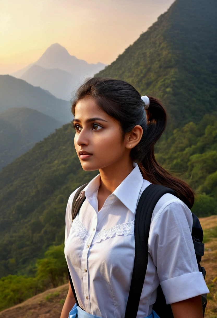 (Best Quality, hyper realistic photography), Magnificent  mountain peak, Woman watching sunset, white shirts, jeans, trekking boots, rucksack, (ultra-delicate face, Super Beautiful Maid, Super delicate eyes, Ultra-detailed nose, Ultra detailed mouth, Ultra-detailed facial features), Beautie, 18year old, Indian look, pony tail black hair,